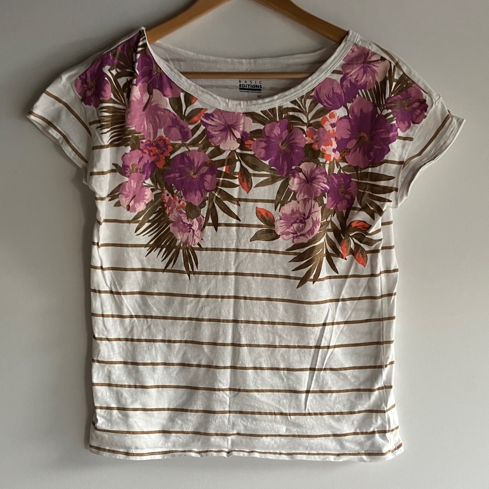 Basic Editions Purple Floral Striped Tee